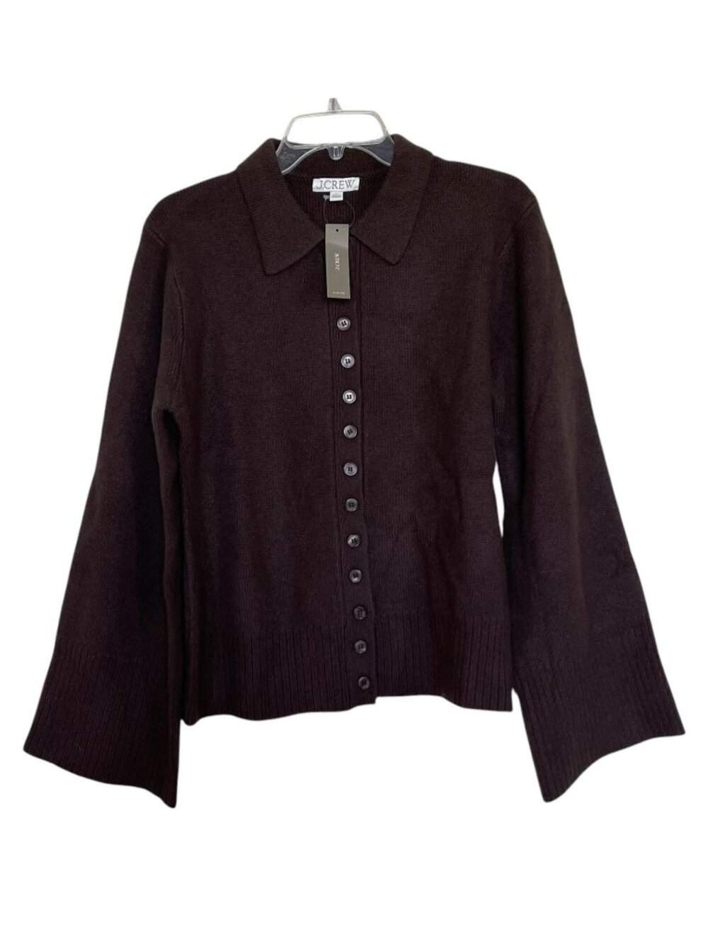 J Crew Cardigan Sweater Womens Size Large Wool Brown Bell Sleeve Ribbed Trim